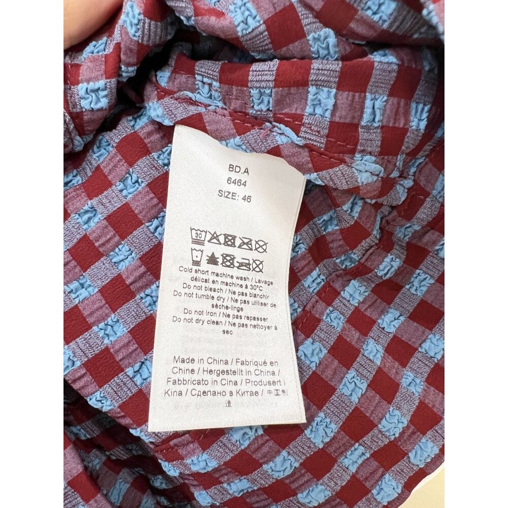 GANNI Blouse Seersucker V Neck Puff Sleeve in Blue Red Check Sz 46 XXL 16 - Picture 12 of 12